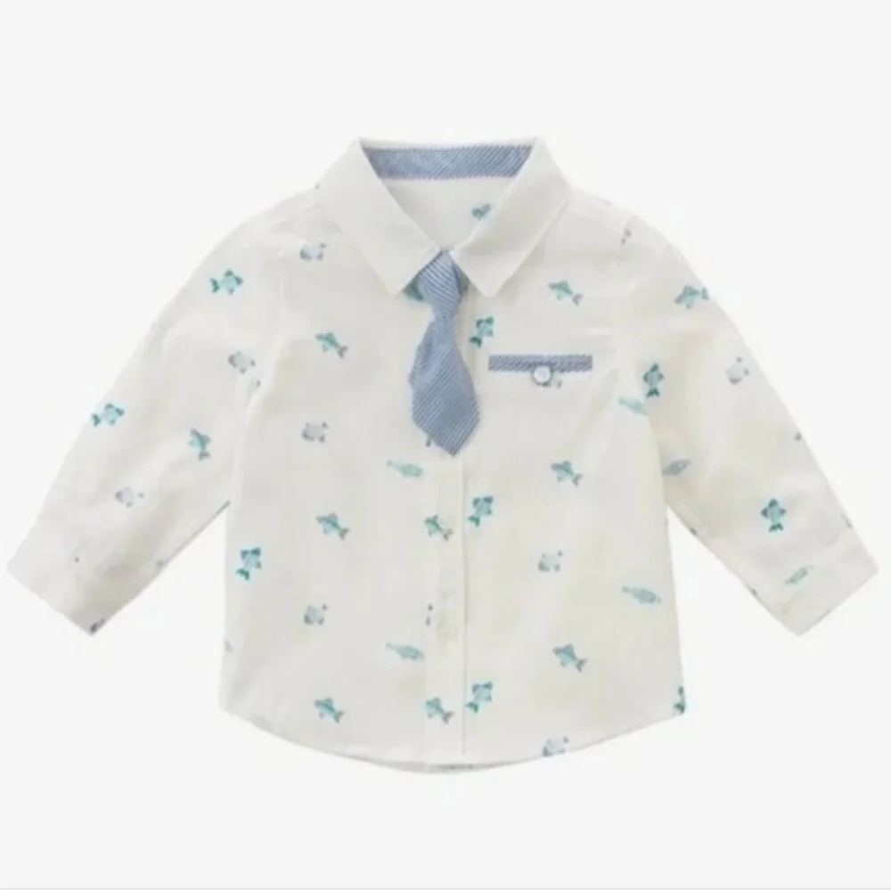 NWT Dave Bella baby boy print cotton button down shirt and tie toddler Sz 3